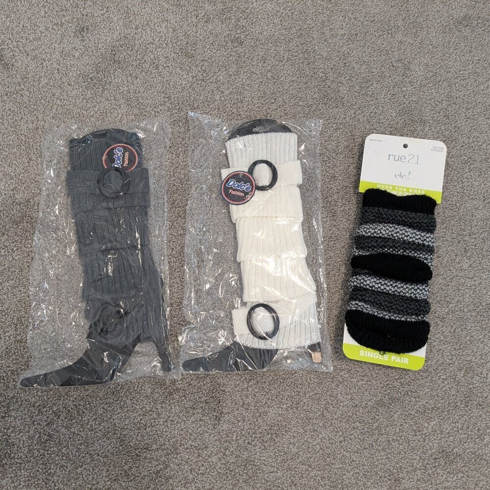 3 Pairs LEG WARMERS, DOLC'E -White & Gray, RUE 21 -Black/Gray Stripe